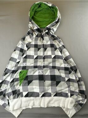 DC Black and White Plaid Hoodie with Green Trim